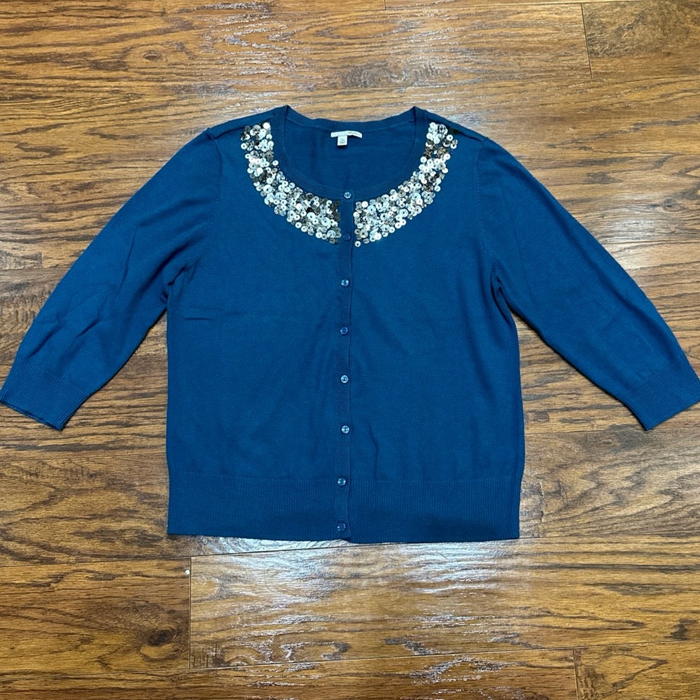 Halogen Women’s Button Up Cardigan Sweater Sequins 3/4 Sleeves